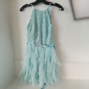 NWT Le Chateau Elegant Blue Lace Dress with Ruffles mint green seafoam blue